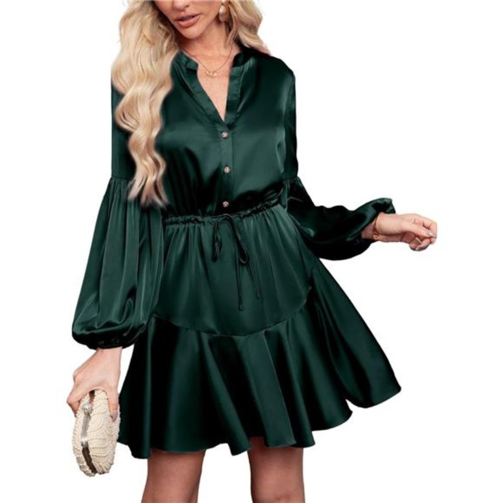 Satin Long Lantern Sleeve Ruffle V Neck Mini Dress Cocktail Dress For Women